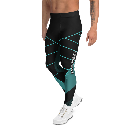 Person wearing black and teal leggings with a brand logo 'Funwearcode'on a white background