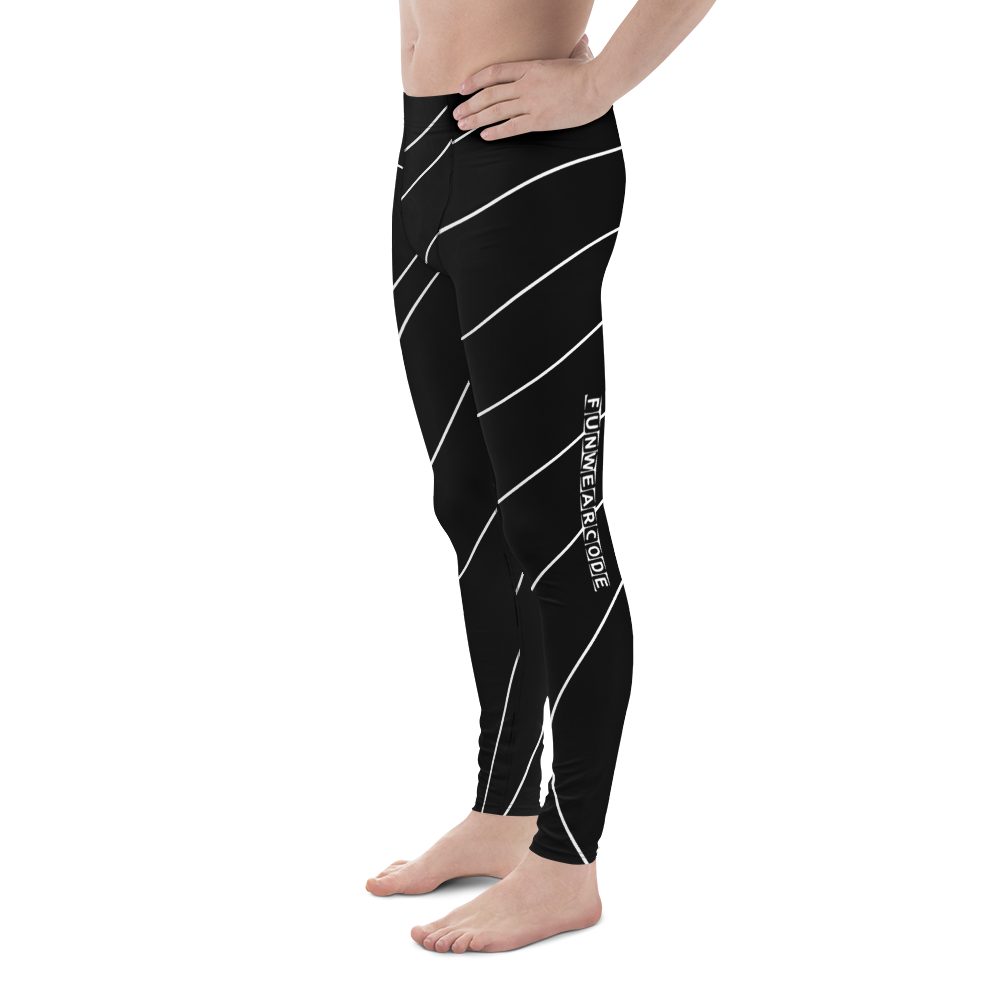 Black leggings with white diagonal stripes and a brand logo 'Funwearcode' on a white background