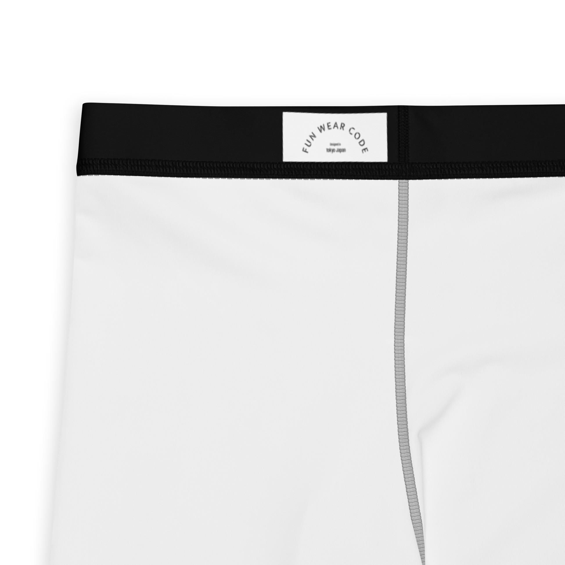 White athletic shorts with black waistband and brand label 'Funwearcode' on a white background