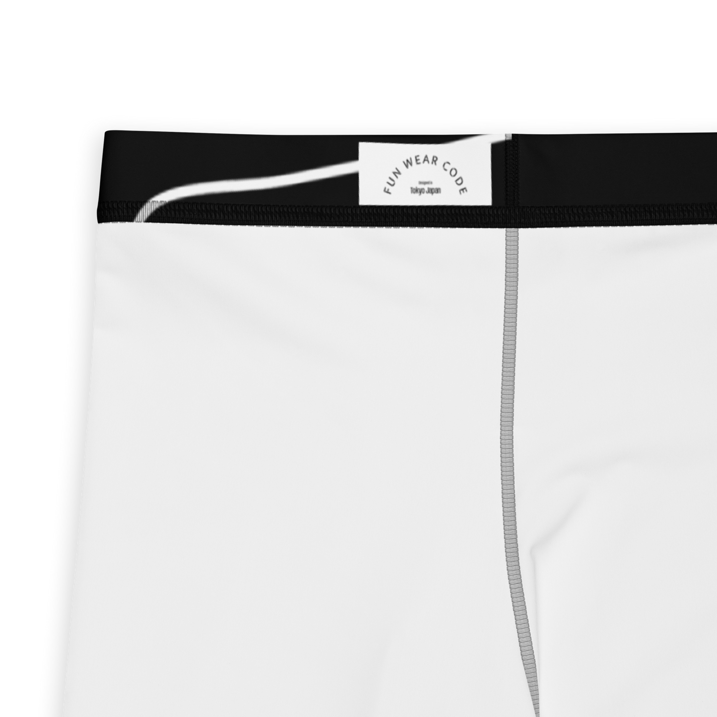 White athletic shorts with black waistband and brand label 'Funwearcode' on a white background