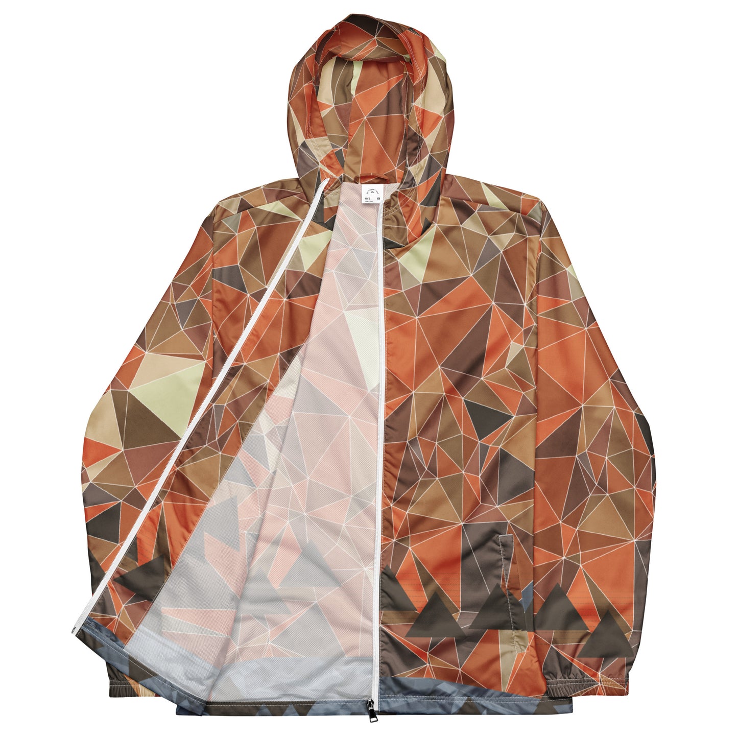 Geometric patterned raincoat on a white background