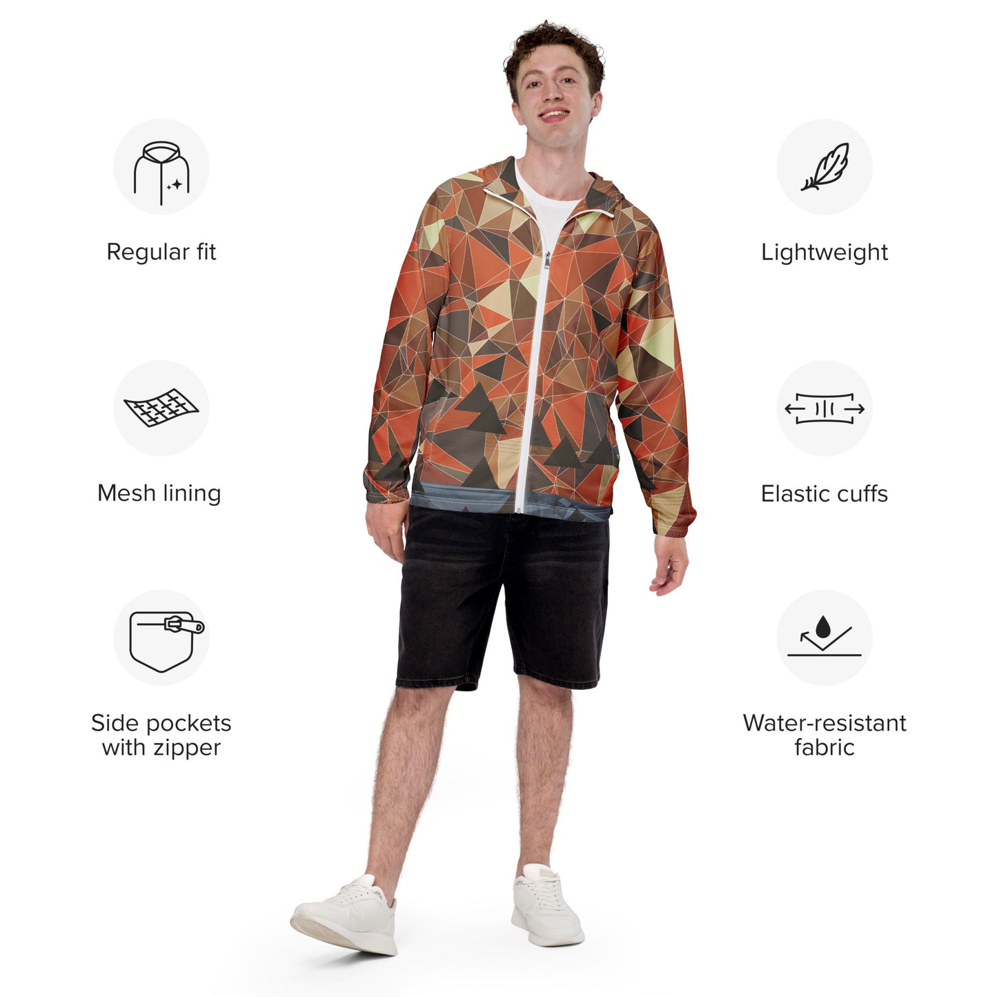 Man wearing a multicolor geometric patterned windbreaker jacket with features listed on a white background
