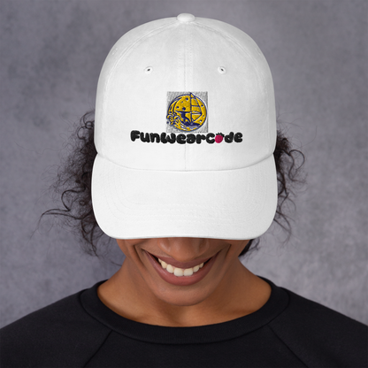 Person wearing a white cap with a "Fun Wear Code" logo and text on a gray background
