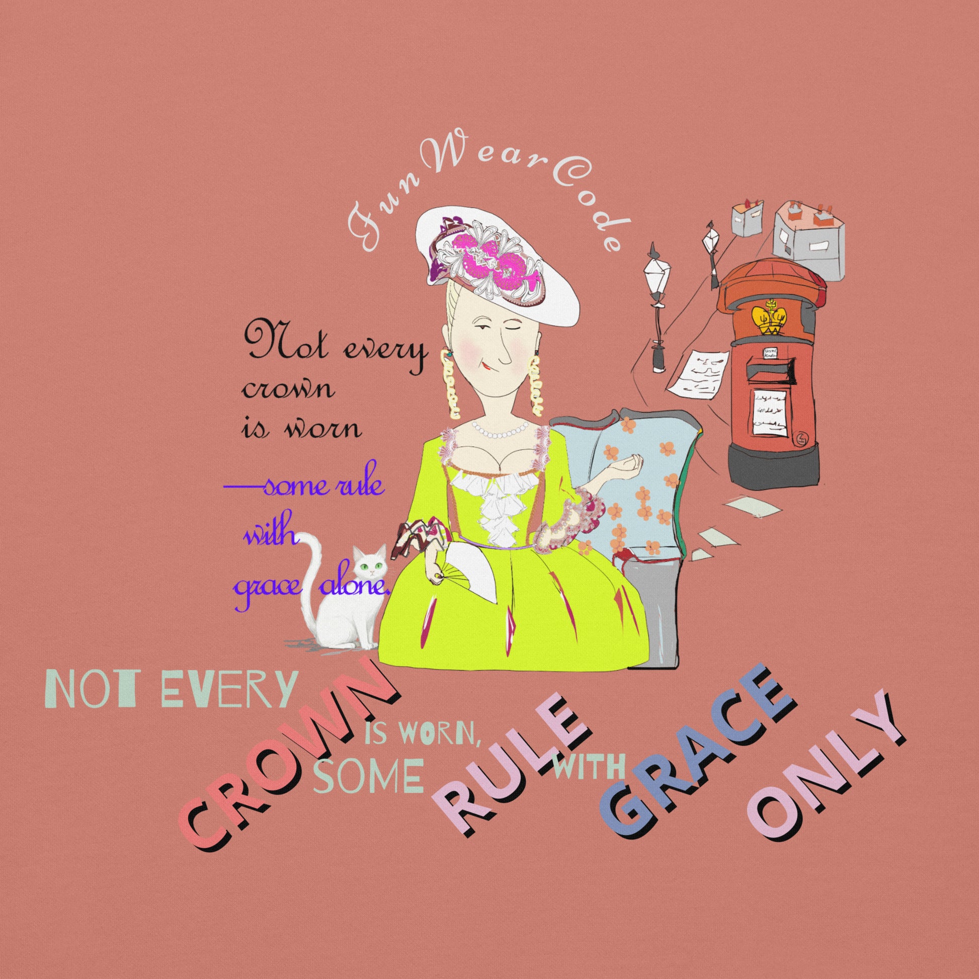 Illustration of a woman in a green dress with text on a pink background