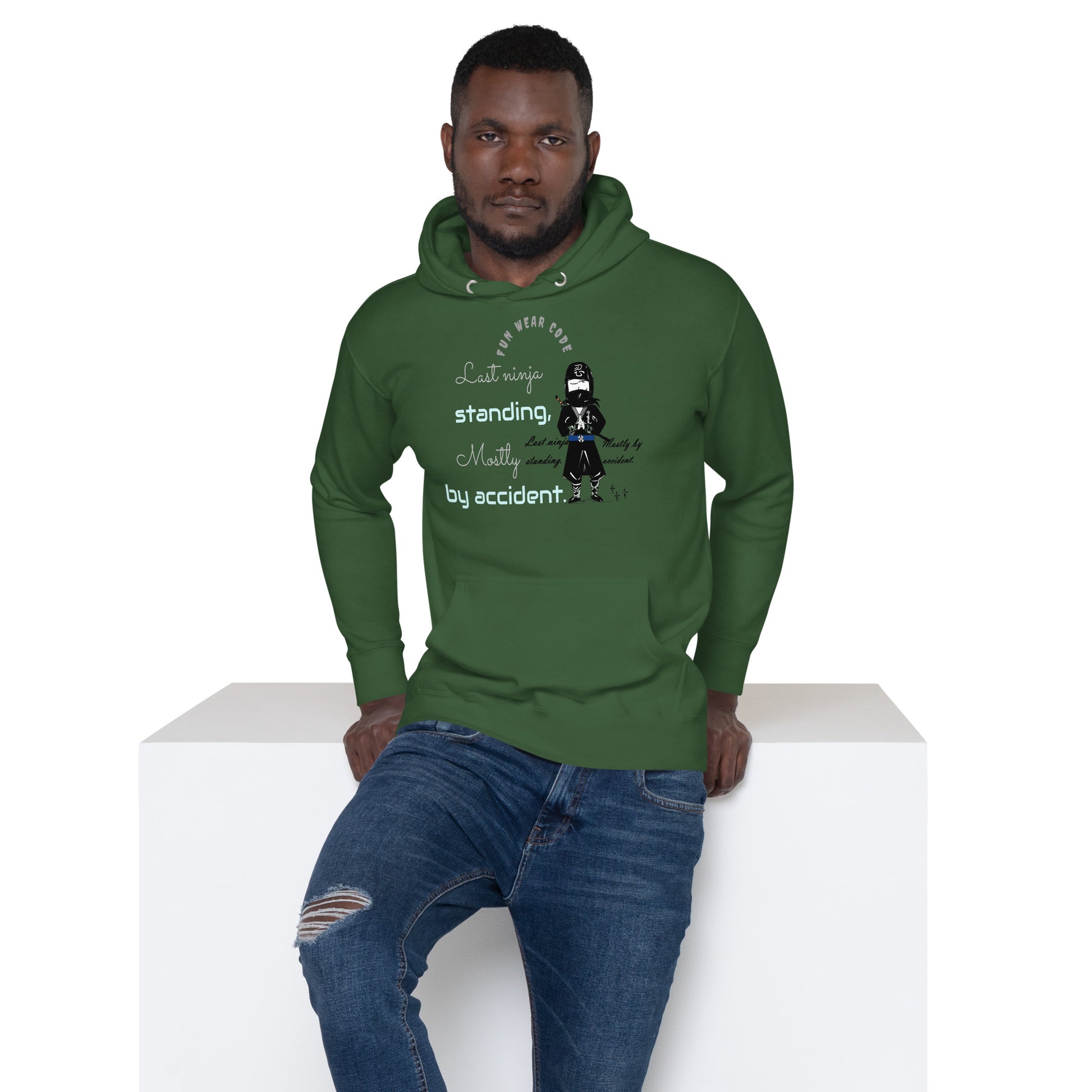 Person wearing a green hoodie with text and graphics on a white background