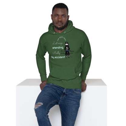 Person wearing a green hoodie with text and graphics on a white background