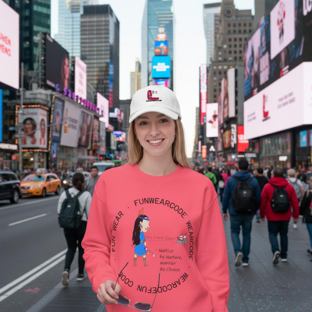 A girl wearing a pink sweatshirt with an American Indian woman graphic design and text 'Fun Wear Code' in Times Square, New York City