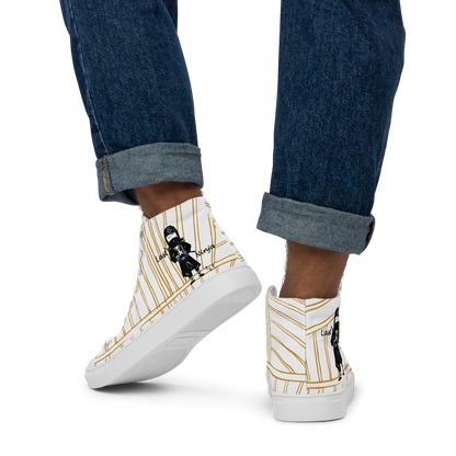 White yellow stripe high-top sneakers with a playful ninja graphic design and white laces, featuring a text 'Last ninja' worn with rolled-up jeans on a white background
