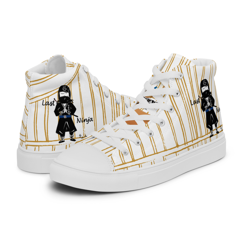 White yellow stripe high-top sneakers with a playful ninja graphic design and white laces, featuring a text 'Last ninja' on a white background