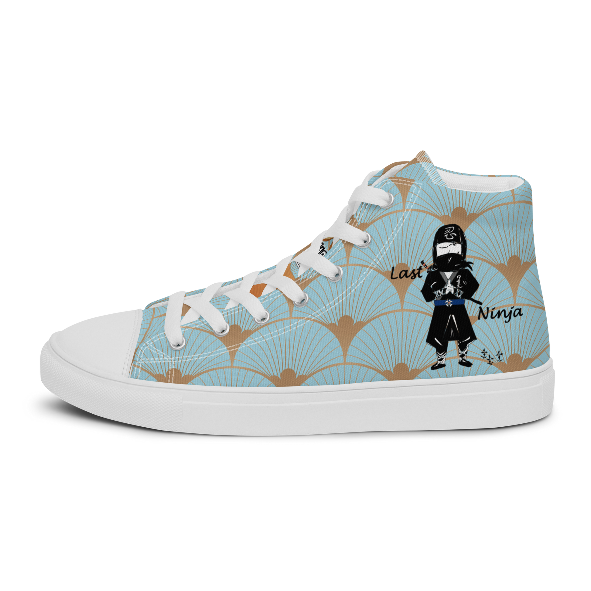 High-top sneaker with a playful ninja graphic design and white laces, featuring a text 'Last ninja'  on a light blue pattern background