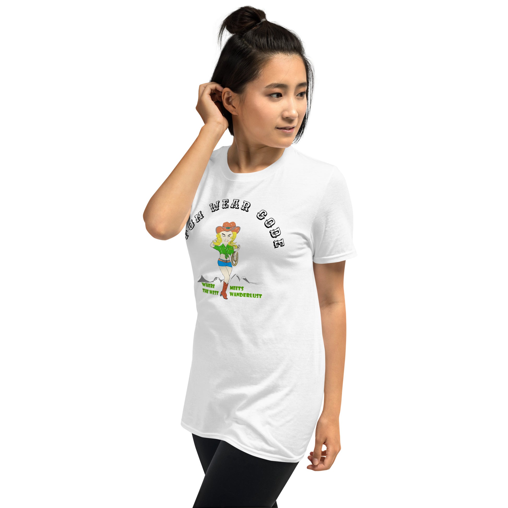 Woman wearing a white t-shirt  with a graphic of a cowgirl and text "Fun Wear Code" on a white background