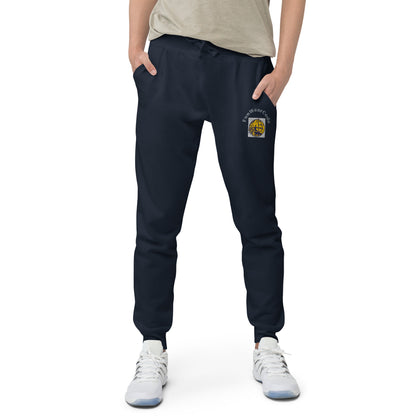 Person wearing navy jogger pants with a 'Fun Wear Code' logo on a white background