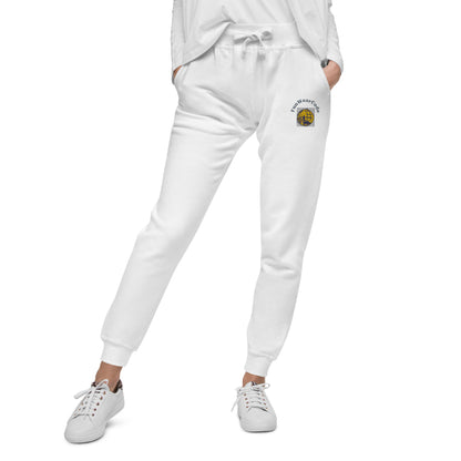 White sweatpants with a 'Fun Wear Code' logo on a white background