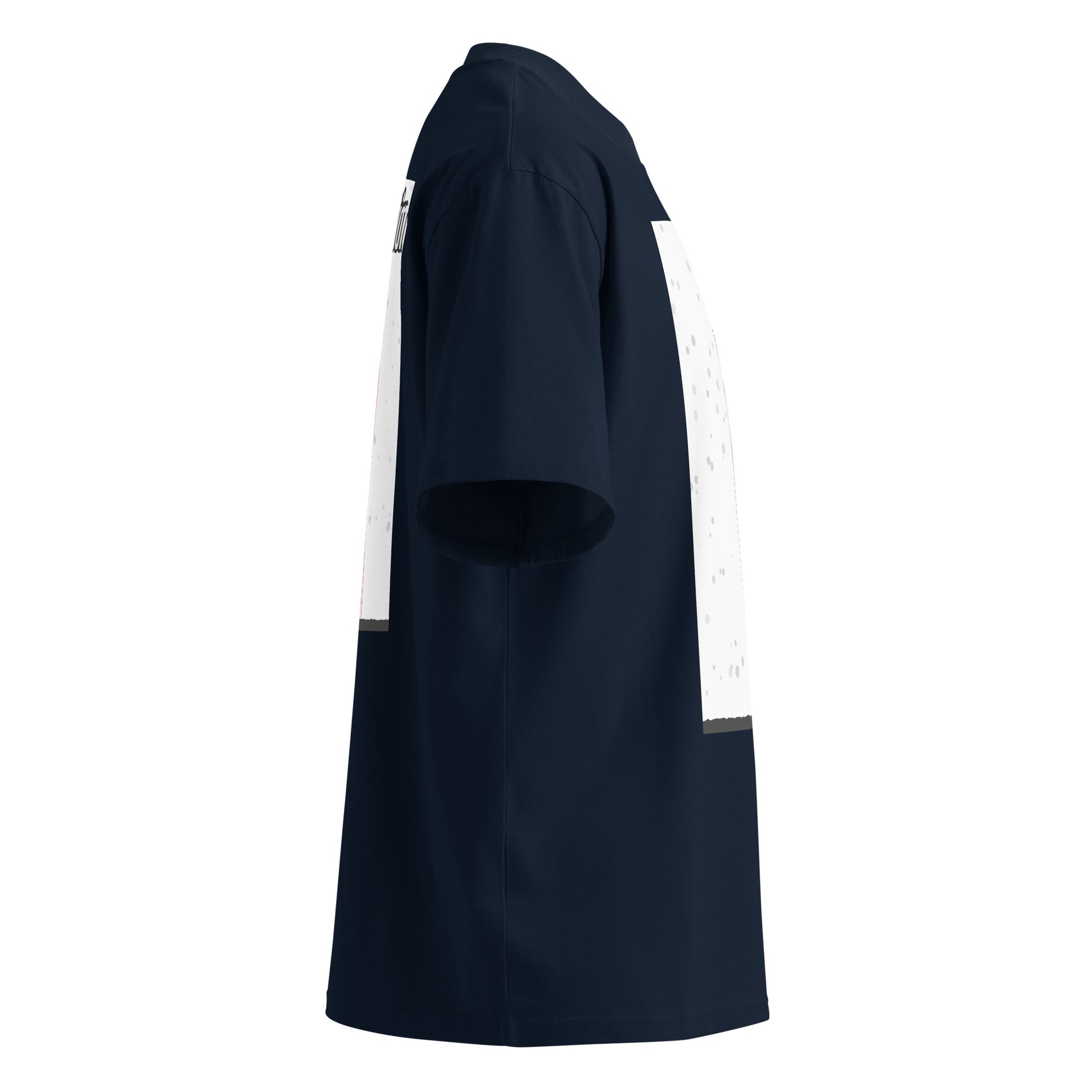 Navy blue t-shirt with an abstract long-leg human graphic on a white background