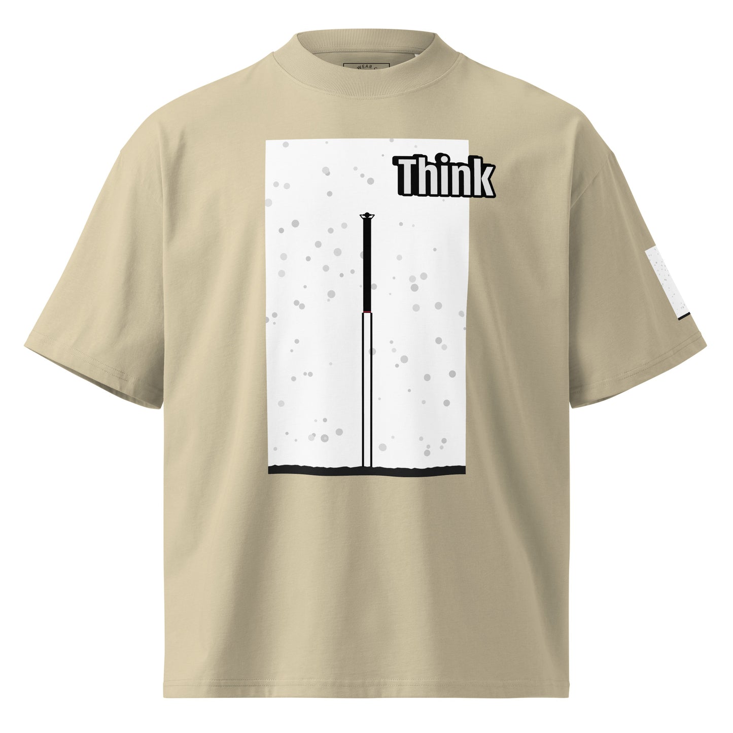 Beige t-shirt with an abstract long-leg human graphic design and 'Think' text on a white background