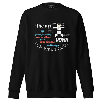 Black sweatshirt with colorful text and judo graphic design together with a 'FUN WEAR CODE' text logo on a white background