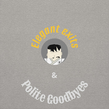 Gray album cover with 'Elegant Exits & Polite Goodbyes' text and a stylized face illustration.