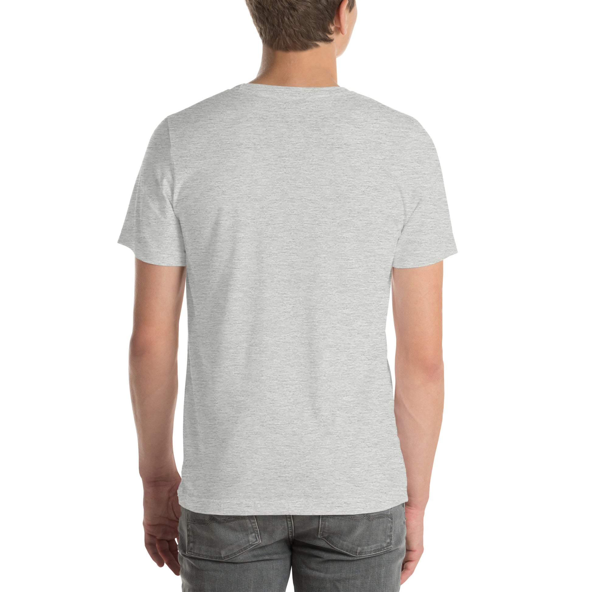 Person wearing a gray t-shirt on a white background
