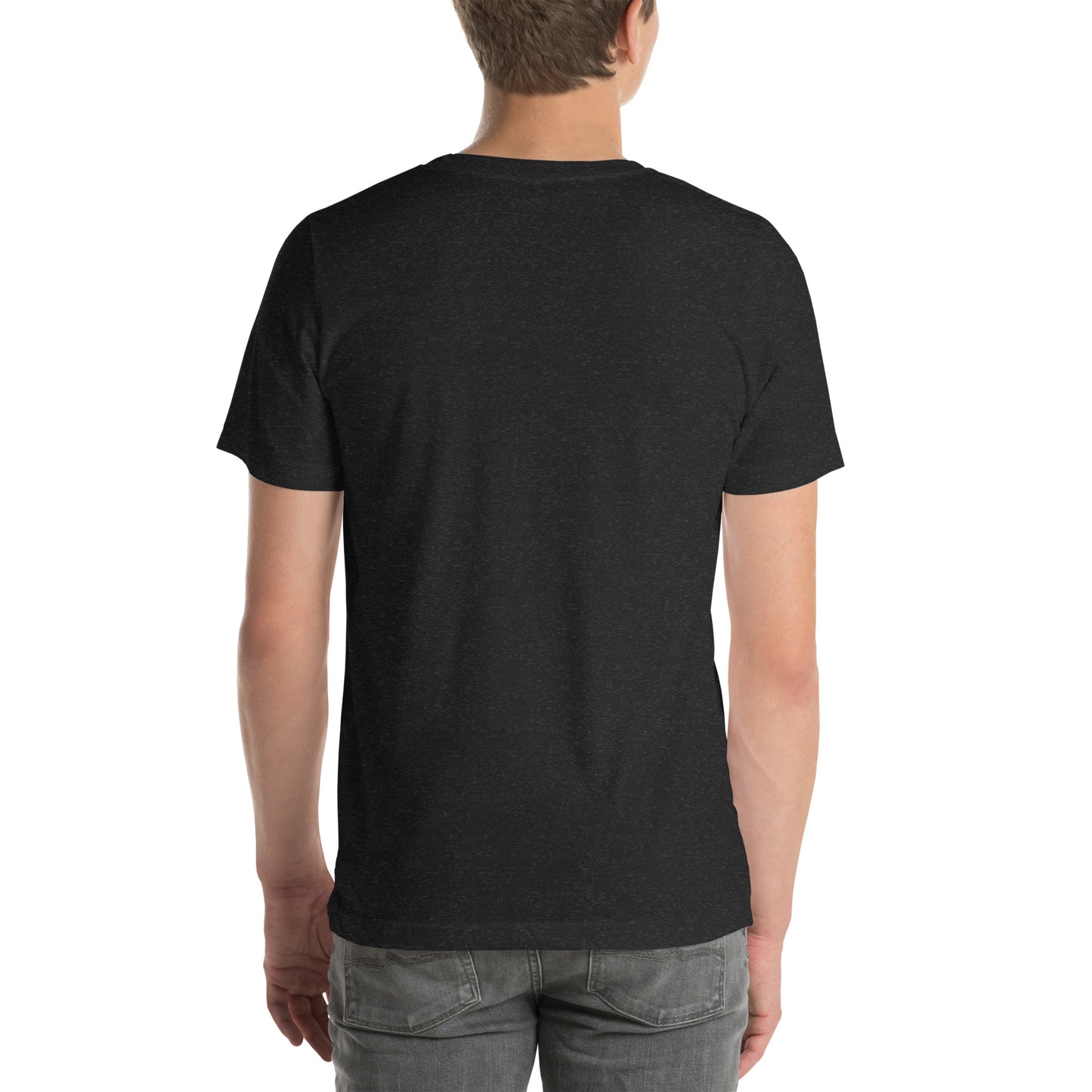 Person wearing a black t-shirt on a white background