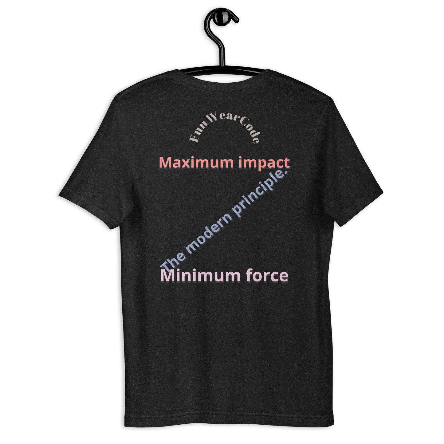 Black t-shirt with a 'Fun Wear Code' text logo and motivational quote on a hanger against a white background