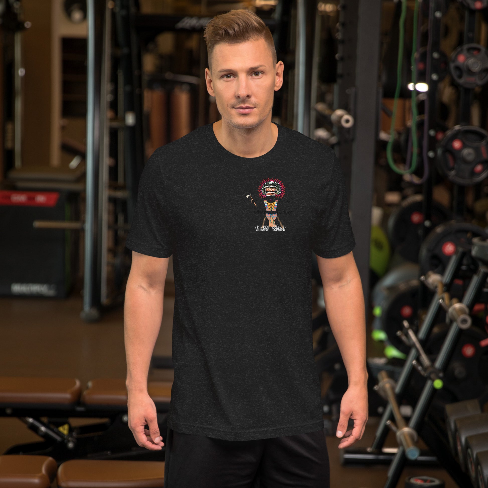 Front view of a man model wearing a black t-shirt with an American Indian man graphic design on a GYM setting background