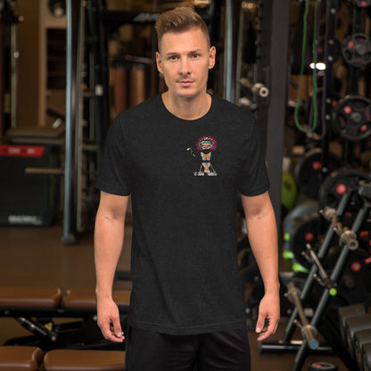 Front view of a man model wearing a black t-shirt with an American Indian man graphic design on a GYM setting background