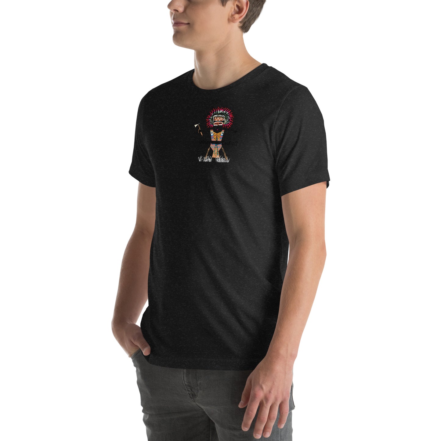Left side view of a man model wearing a black t-shirt with an American Indian man graphic design on a white background