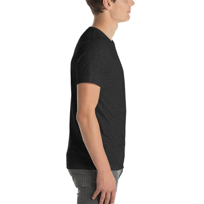 Person wearing a black t-shirt on a white background