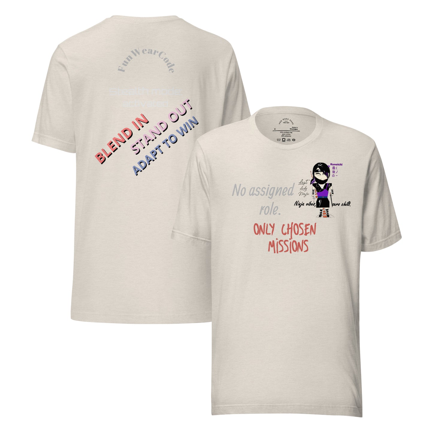 Beige t-shirt with a 'Fun Wear Code' text logo, colorful texts and a playful lady ninja graphic design on a white background