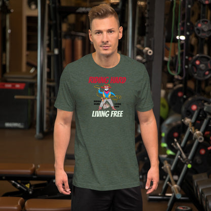 Man wearing a green t-shirt with a cowboy graphic design in a gym setting