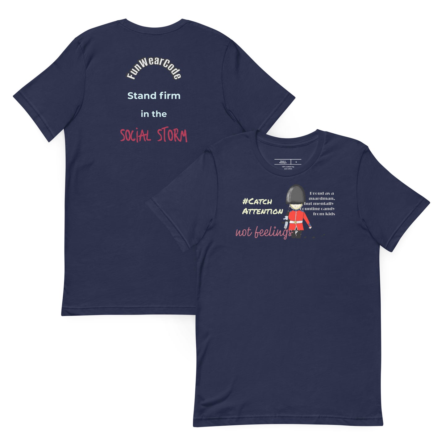 Navy blue t-shirt with text and a playful guardsman graphic together with a 'Fun Wear Code' text logo on a white background