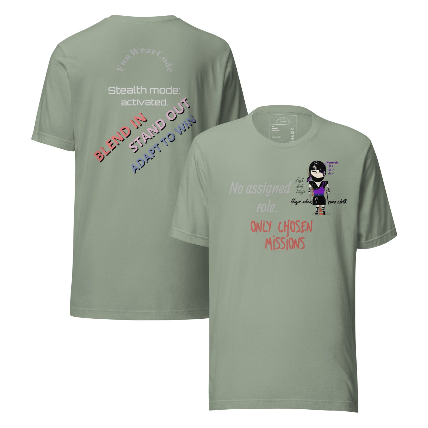 Green t-shirt with a 'Fun Wear Code' text logo, colorful texts and a playful lady ninja graphic design on a white background