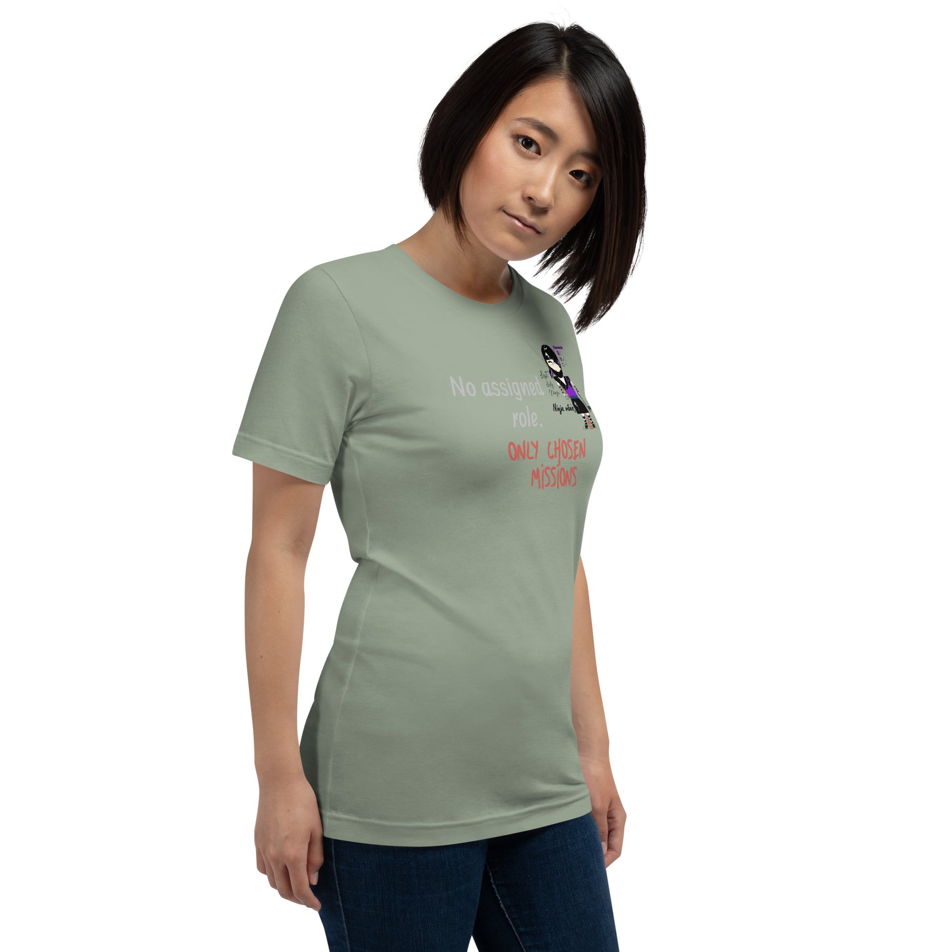 Woman wearing a green t-shirt with text and a playful lady ninja graphic design on a white background