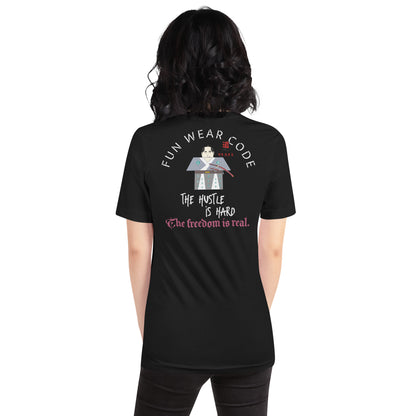 Black t-shirt with a playful samurai graphic and motivational quote on the back, worn by a person.