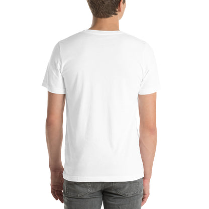 Person wearing a plain white t-shirt on a white background