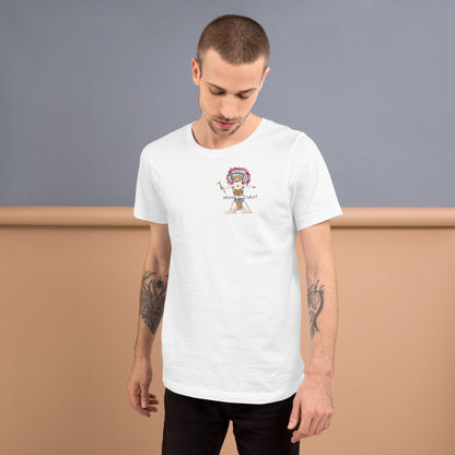 Front view of a man model wearing a white t-shirt with an American Indian man graphic design on a gray background