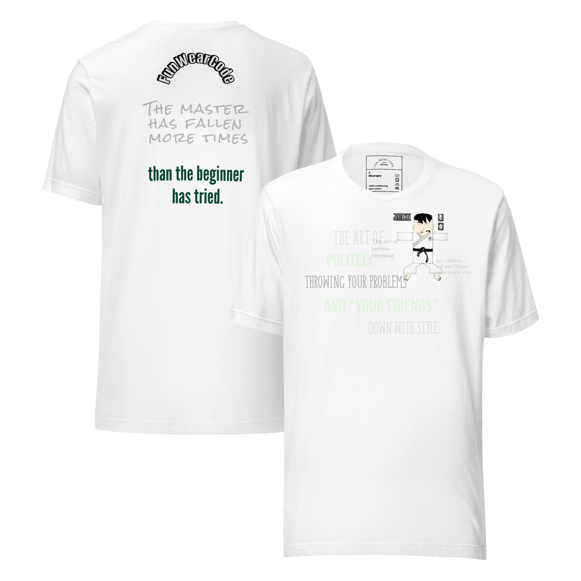 Two white t-shirts with text and a playful judo graphic, together with a 'Fun Wear Code' text logo on a white background