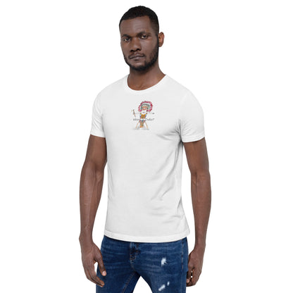 Front view of a man model wearing a white t-shirt with an American Indian man graphic design on a white background