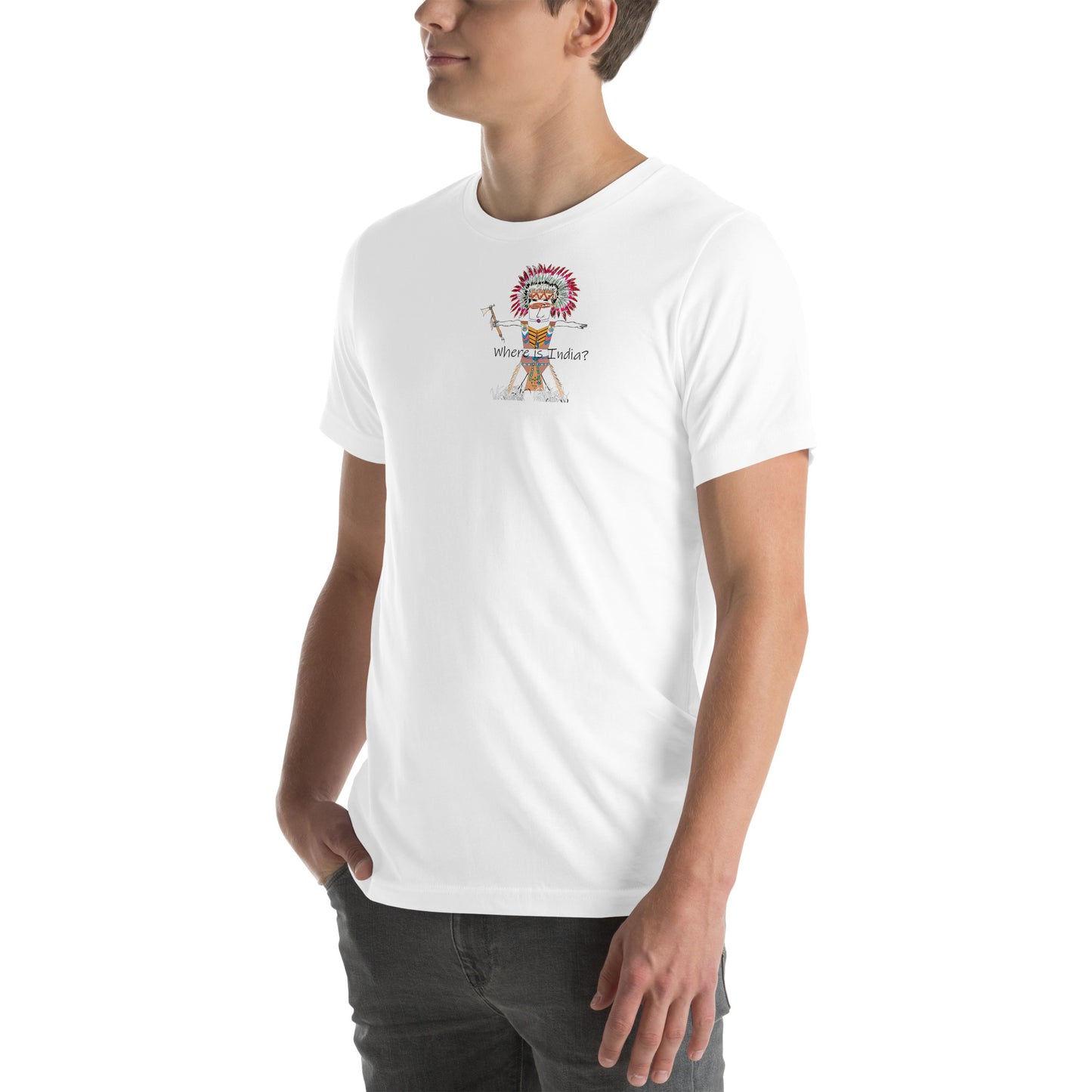 Left side view of a man model wearing a white t-shirt with an American Indian man graphic design on a white background