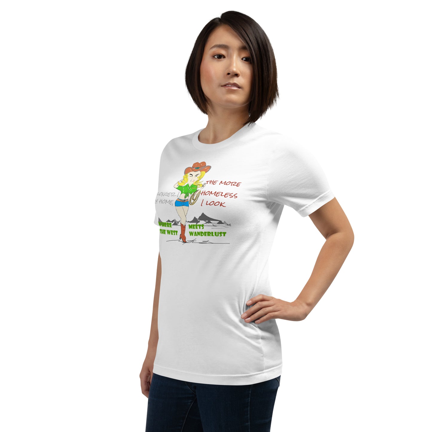 Person wearing a white t-shirt with colorful cowgirl graphics and text on a white background