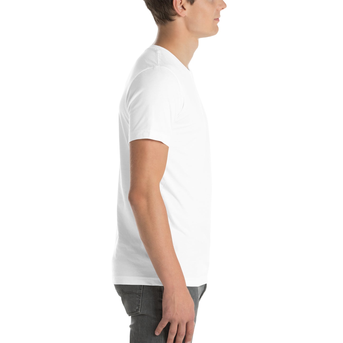 Person wearing a plain white t-shirt on a white background