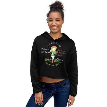 Woman wearing a 'Fun Wear Code' branded black hoodie with a cowgirl graphic design and text on a white background