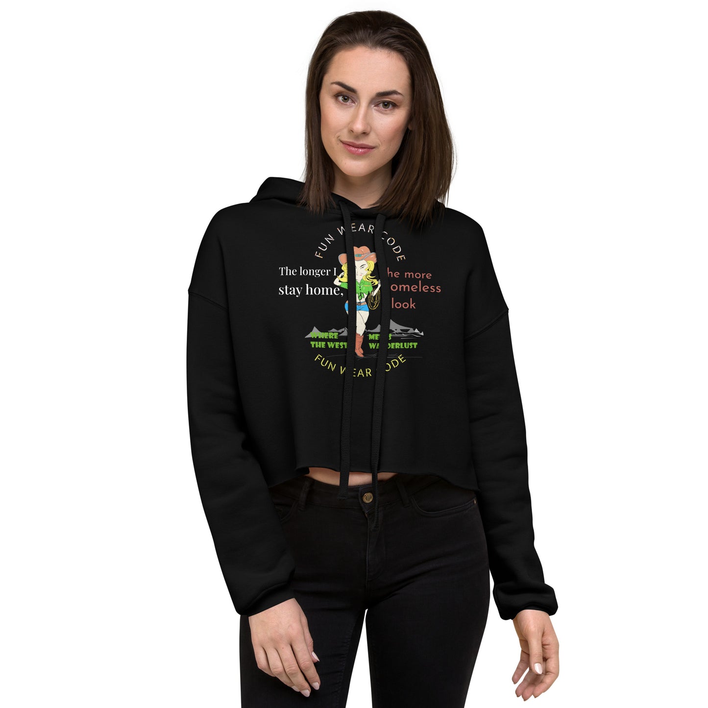 Woman wearing a 'Fun Wear Code' branded black hoodie with a cowgirl graphic design on a white background