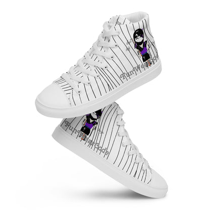 White high-top sneakers with a ninja graphic and 'Fun Wear Code' text logo on a white background