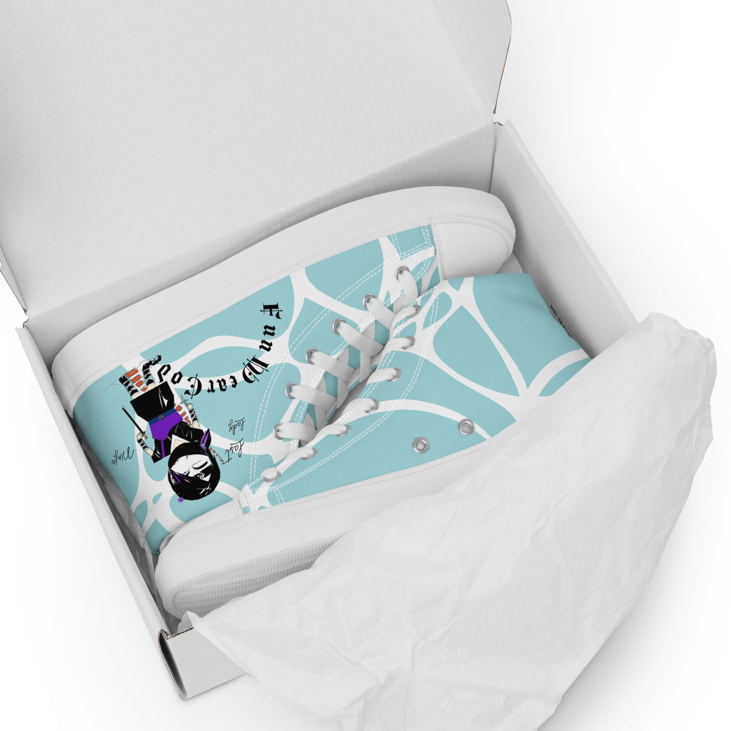 A pair of high-top sneakers with a ninja graphic and 'Fun Wear Code' text logo in a white box on a white background