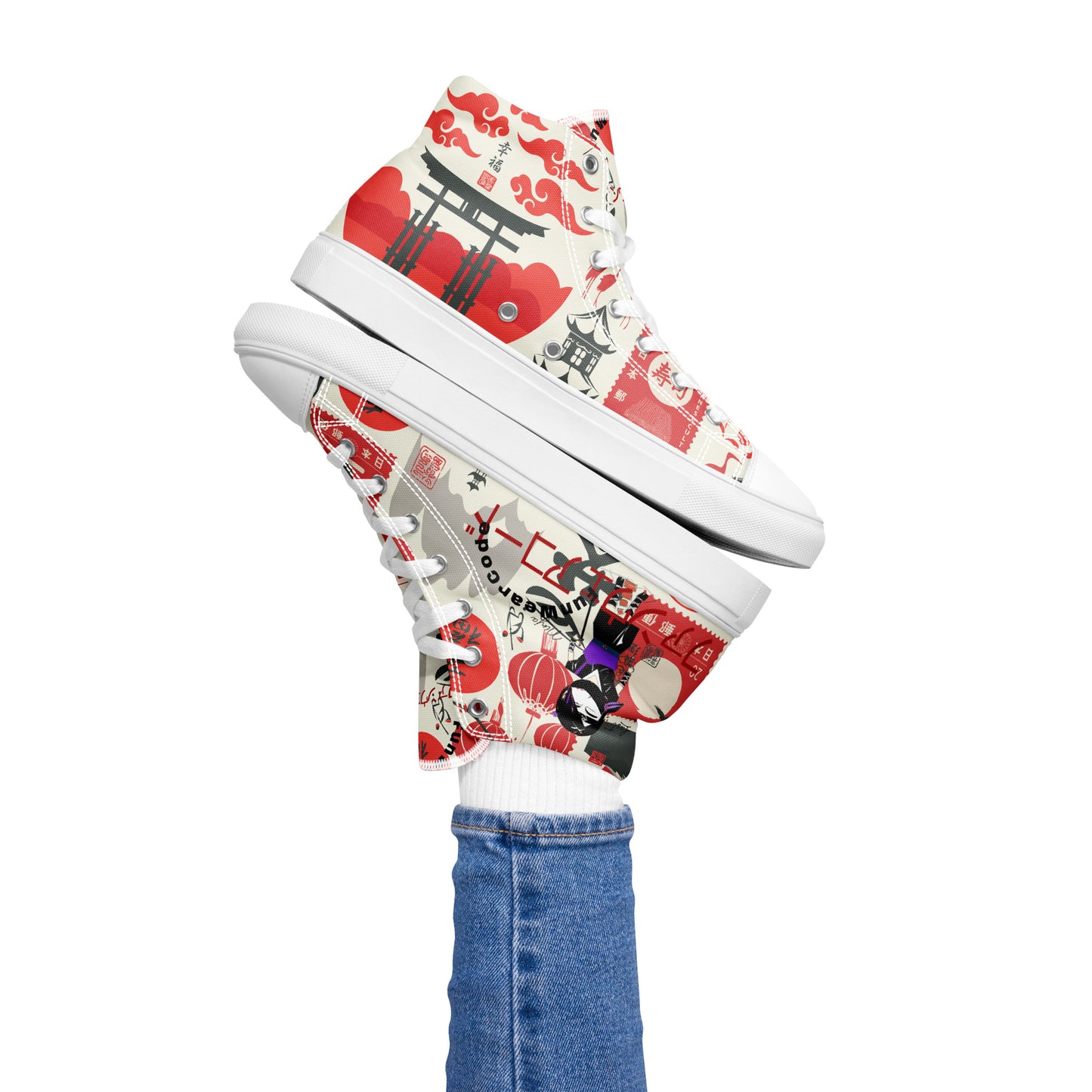 high-top sneakers with colorful Japanese elements graphic design, and with a ninja graphic and 'Fun Wear Code' text logo on a white background