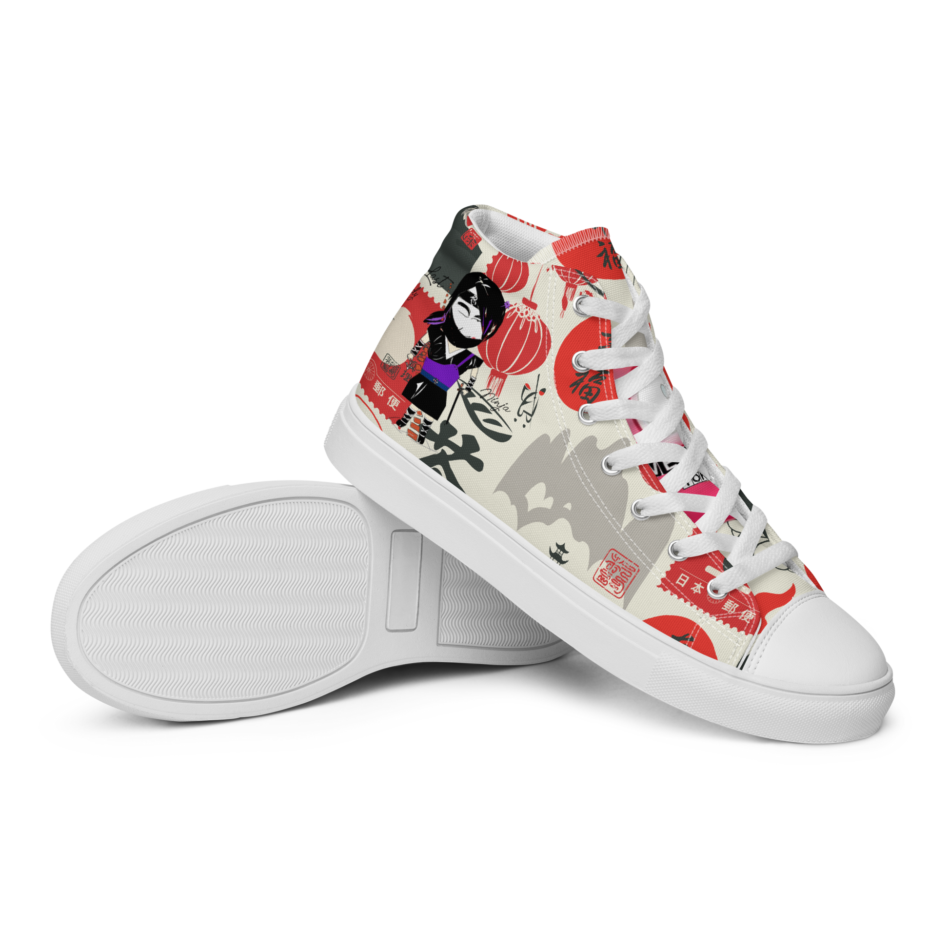 Colorful high-top sneakers with a lady ninja and the other Japanese iconic graphic design on a white background