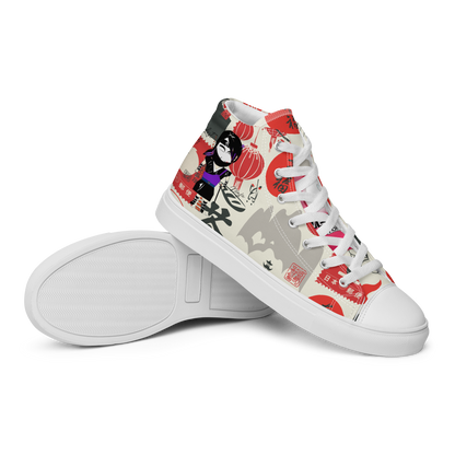 Colorful high-top sneakers with a lady ninja and the other Japanese iconic graphic design on a white background