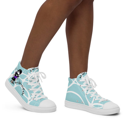 Light blue high-top sneakers with white laces, a ninja graphic and 'Fun Wear Code' text logo worn by a person on a white background