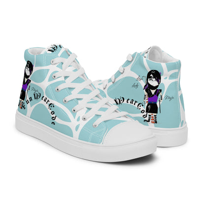 Pair of high-top sneakers with a ninja graphic and 'Fun Wear Code' text logo on a light blue background